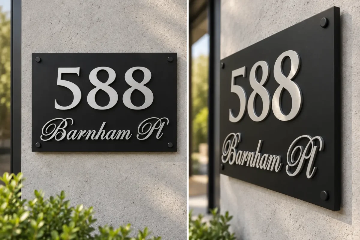 Brushed silver address sign 588 with Barnham Pl on a matte black panel, front and side views