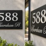 Brushed silver address sign 588 with Barnham Pl on a matte black panel, front and side views