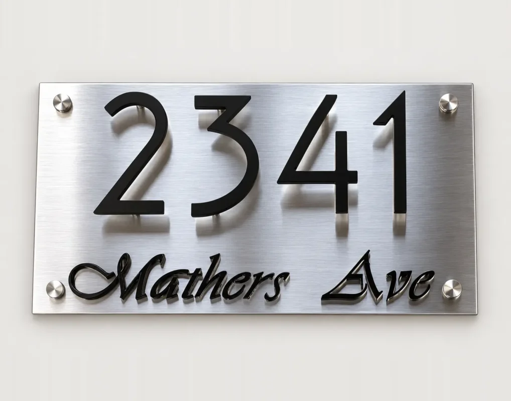 Brushed stainless steel address sign with raised black 2341 Mathers Ave lettering