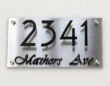 Brushed stainless steel address sign with raised black 2341 Mathers Ave lettering
