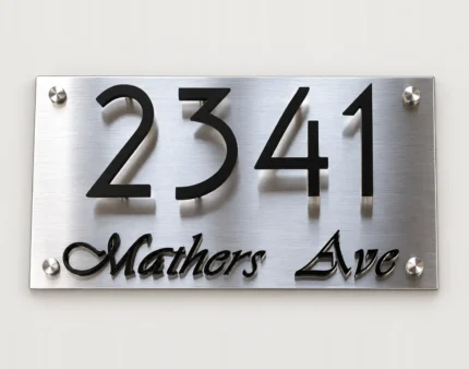 Brushed stainless steel address sign with raised black 2341 Mathers Ave lettering