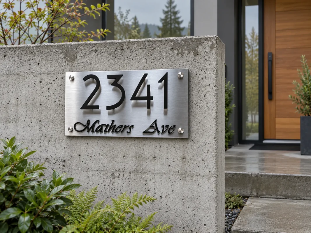 Brushed metal 2341 Mathers Ave sign with raised black lettering on a concrete wall beside entrance steps