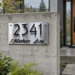 Brushed metal 2341 Mathers Ave sign with raised black lettering on a concrete wall beside entrance steps