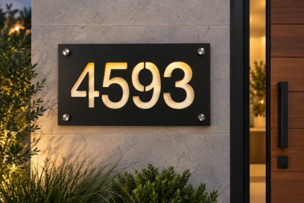 Black aluminium address plaque with warm light shining through cut-out numbers 4593, mounted on a stone wall with four silver-tone fixings.