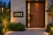Illuminated black 4593 house number plaque on a stone wall beside a modern wooden front door, surrounded by garden lighting at dusk.