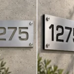 Cut-out brushed aluminum address sign 1275 with see-through and black backing options, front and side views