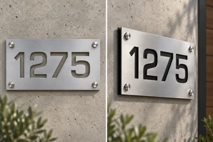 Cut-out brushed aluminum address sign 1275 with see-through and black backing options, front and side views