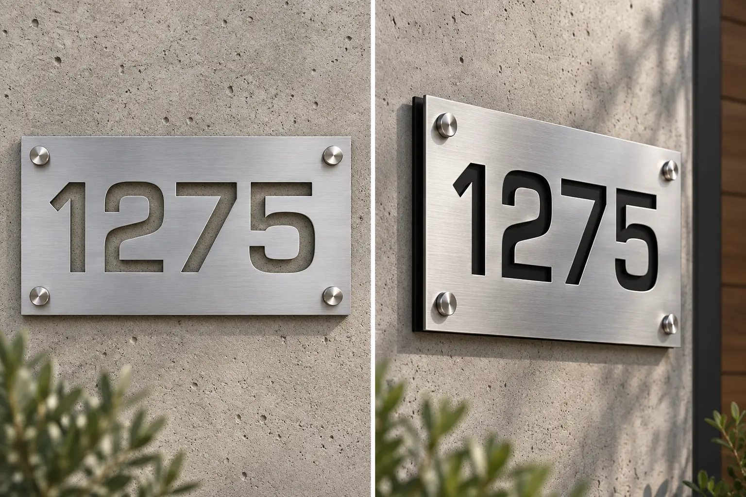 Cut-Out Brushed Aluminum Address Sign Cut-out brushed aluminum address sign 1275 with see-through and black backing options, front and side views