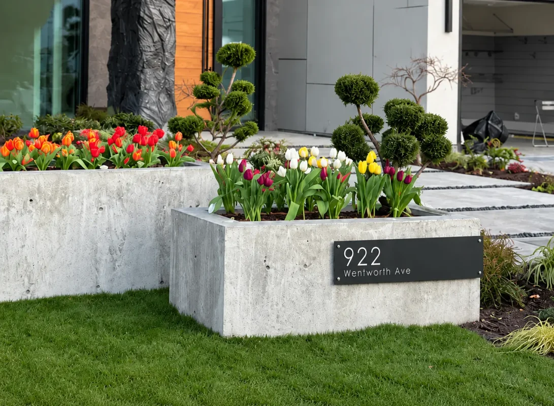 Black address plaque reading “922 Wentworth Ave” mounted on a concrete planter beside colourful tulips.
