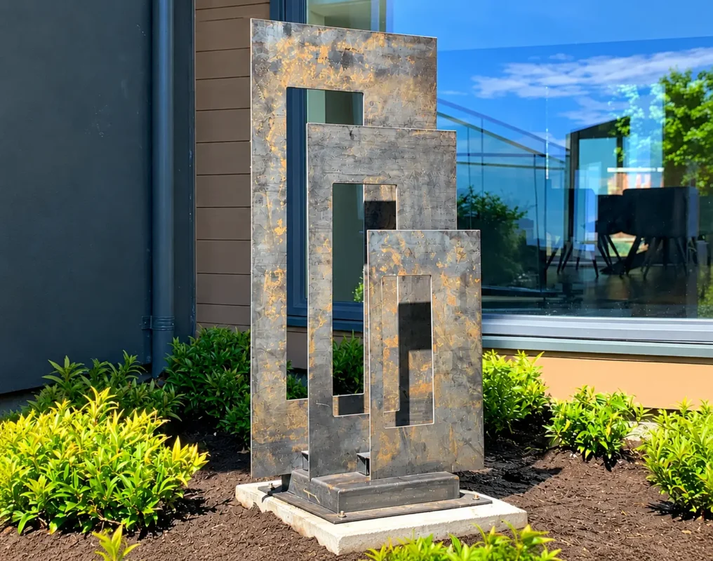 Three staggered rectangular metal frames with grey and gold textures, mounted on a concrete base beside a modern building.