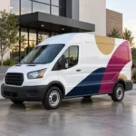 Vehicle graphics mockup on a white cargo van with navy, magenta and gold shapes across the side panels.
