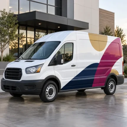 Vehicle graphics mockup on a white cargo van with navy, magenta and gold shapes across the side panels.