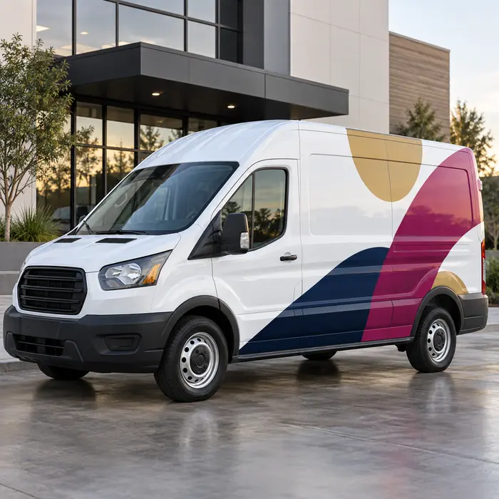 Vehicle graphics mockup on a white cargo van with navy, magenta and gold shapes across the side panels.